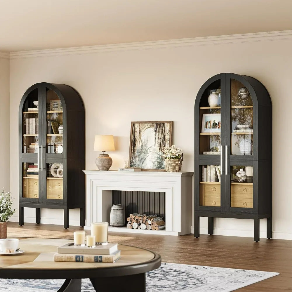 75 Inch Tall Modern Arched Kitchen Pantry Cabinet with Two Large Drawers and Lighting