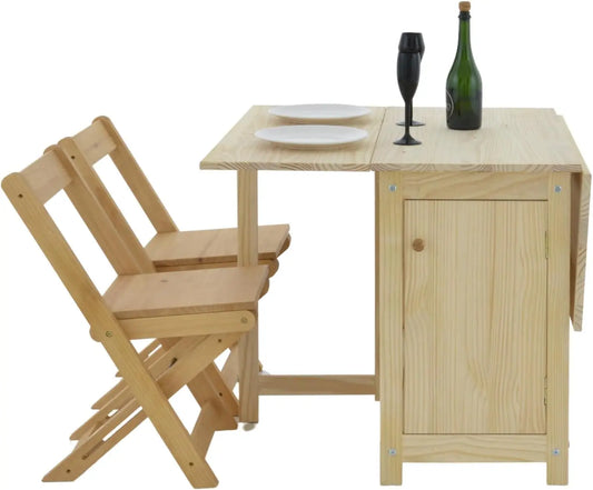 Solid, Natural, Unfinished Wood Folding Dining Table &Chair Set - Drop Leaf Design - Space-Saving, with Storage