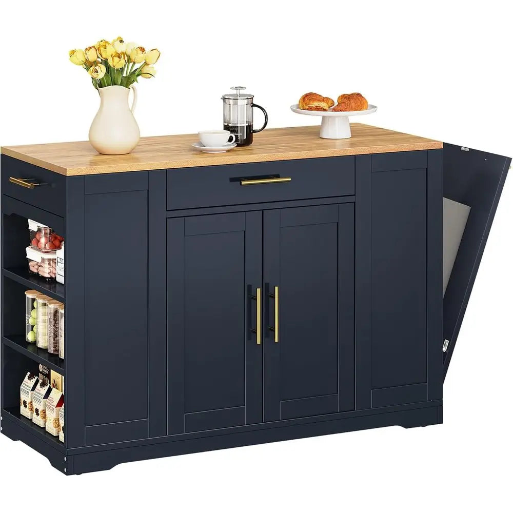 53 inch Large Rolling Kitchen Island with Trash Can Storage Cabinet, Portable Mobile Islands Table Movable w Wheels