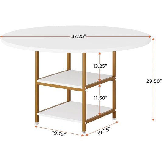 Round Dining Table for 4 People with 2-Tier Storage Shelves