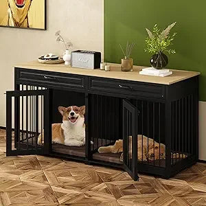 , 92.9" Wooden Dog Crate Kennel with 4 Drawers and Divider, XXXL Heavy Duty Dog Crates