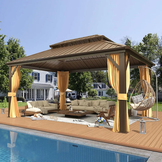 12x16 Hardtop Gazebo with Aluminum Frame, Galvanized Steel Roof, Netting & Curtains for Patio, Lawn, Deck