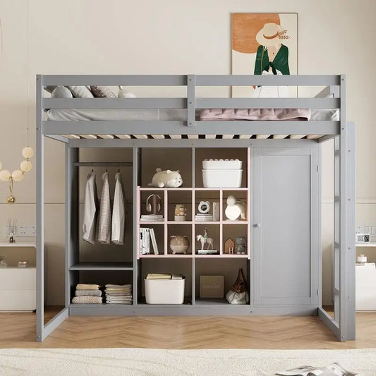 Full-Size Wood Loft Bed with Wardrobe, Shelves, and Storage Cabinet, Gray and Pink
