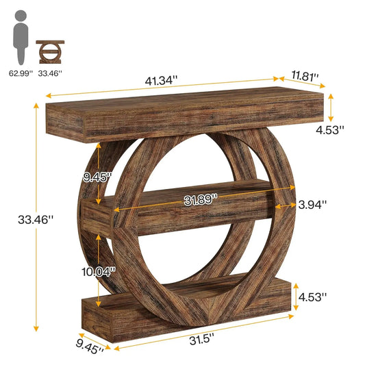 41in 3-Tier Console Table Storage Shelves Farmhouse Rustic Brown