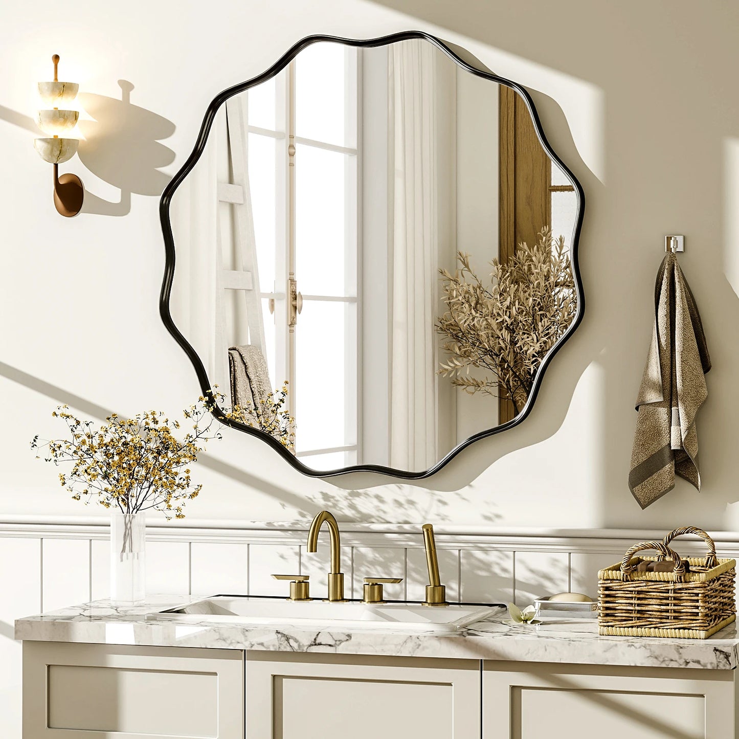 Wavy Round Bathroom Mirror Decorative Wall Mirror with Deep Frame
