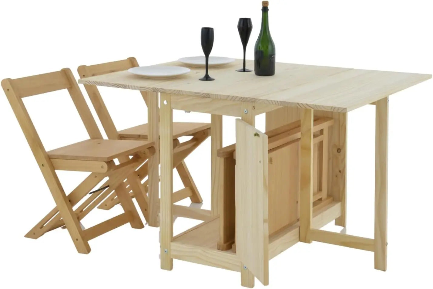 Solid, Natural, Unfinished Wood Folding Dining Table &Chair Set - Drop Leaf Design - Space-Saving, with Storage