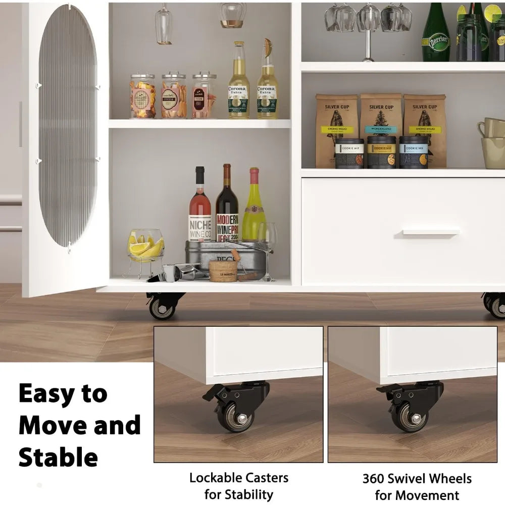 Modern White Rolling Kitchen Island with Swivel Table, Storage Cabinet, Drawers, and Shelves