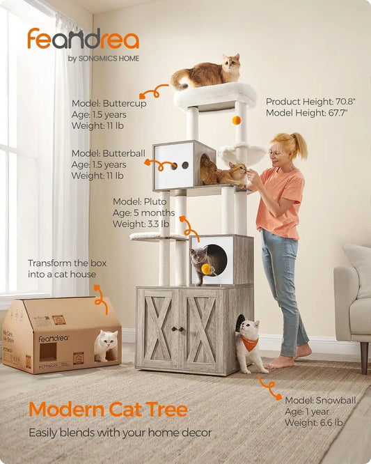 Cat Tree with Litter Box Enclosure, Cat Tower, 70.8-Inch Tall Cat Condo with Scratching Posts, Perch, Caves
