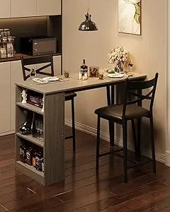 3 Piece Bar Table Set for 2, Bar Table and Chairs Set with Flip Top Extension, Dining Table Set with Storage Shelves