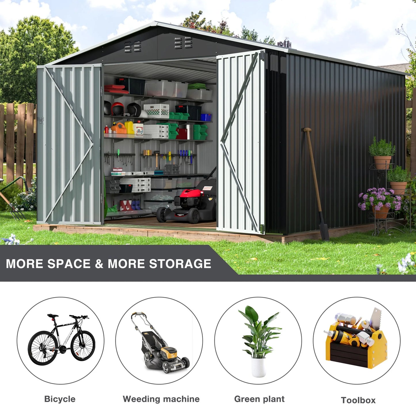 10x12/12x14FT Galvanized Steel Storage Shed Heavy Duty Lockable Hasp Door Black/White Roof Garden Tool Shed