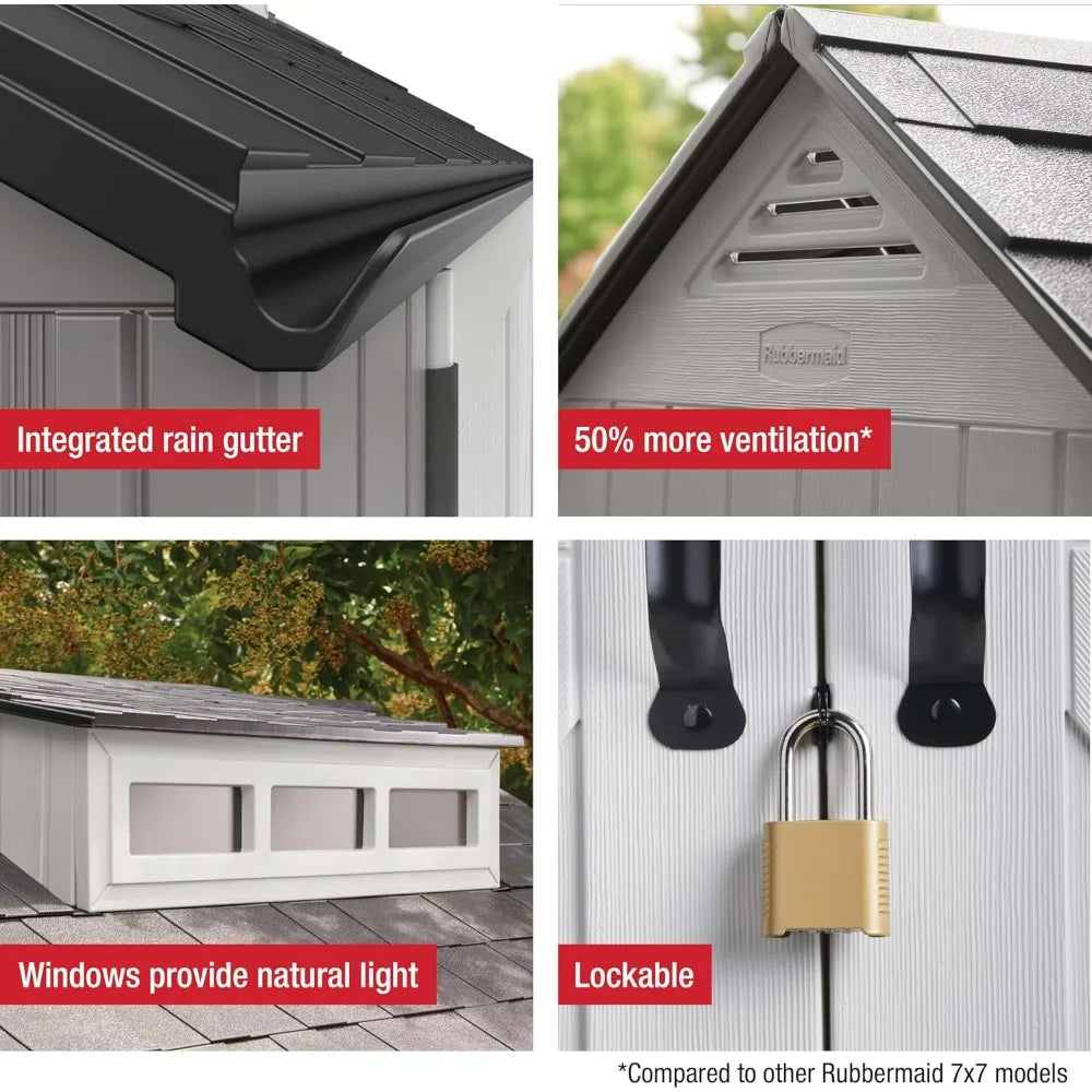 Weatherproof Gray Rubbermaid Resin Storage Shed, 7ft x 7ft, with Floor, for Outdoor Home, Backyard, and Garden Tool Organization