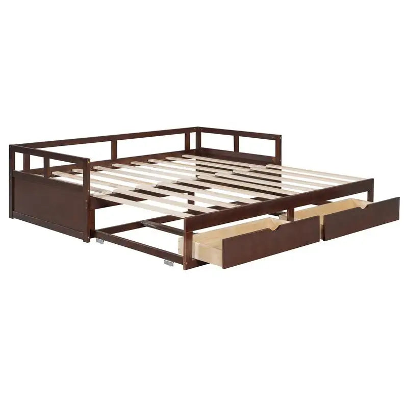 Wooden Daybed with Trundle and 2 Storage Drawers, Expandable Bed/Sofa for Bedroom or Living Room, Espresso Finish