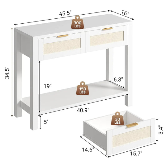 Narrow Console, Table with 2 Rattan Drawers & Open Shelf Storage Entryway, Living Room Hallway, White