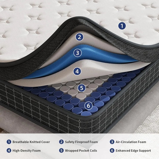 Mattress,12 Inch, Individually Wrapped Pocket Coils to Isolate Motion, Pressure Relief