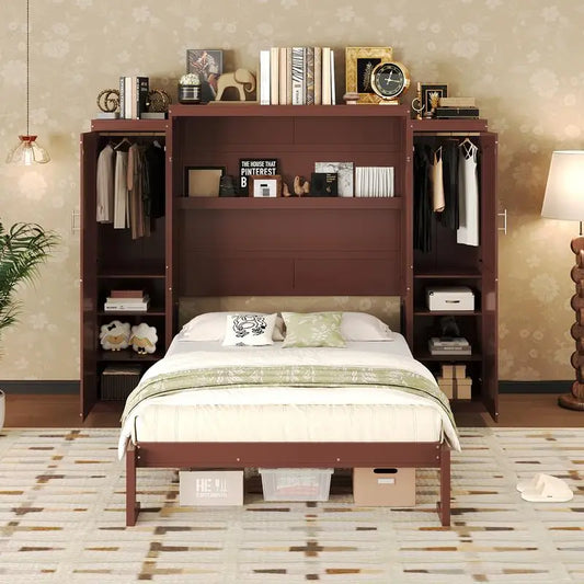 Full Size Murphy Bed with 2 Wardrobes & Storage Shelves, Multifunctional Foldable Platform Bed Frame for Guest Room & Bedroom,