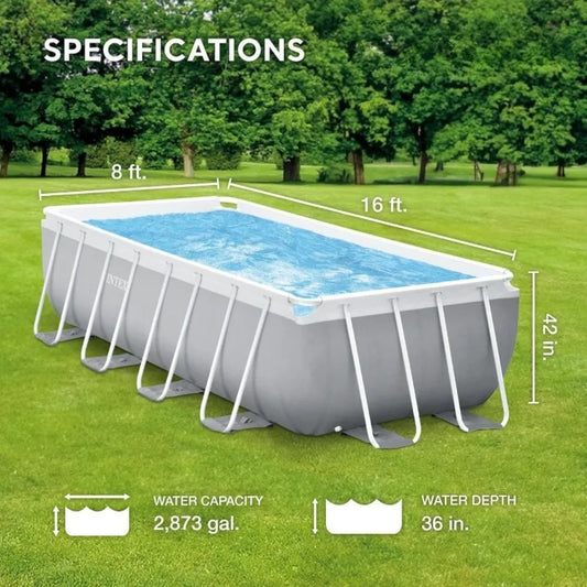 Patio, Lawn & Garden Frame Premium Rectangular Above Ground Swimming Pool Set:16ft x 8ft x 42in