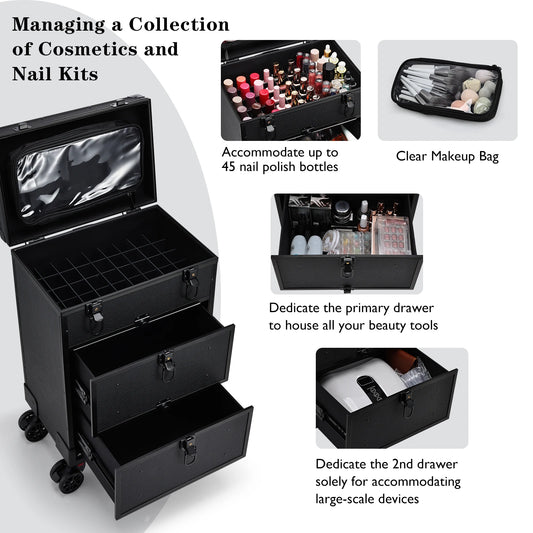 Cosmetology Case On Wheels Rolling Makeup Case Cart Professional Makeup Briefcase With Wheels For Cosmetics & Tattoo & Salon