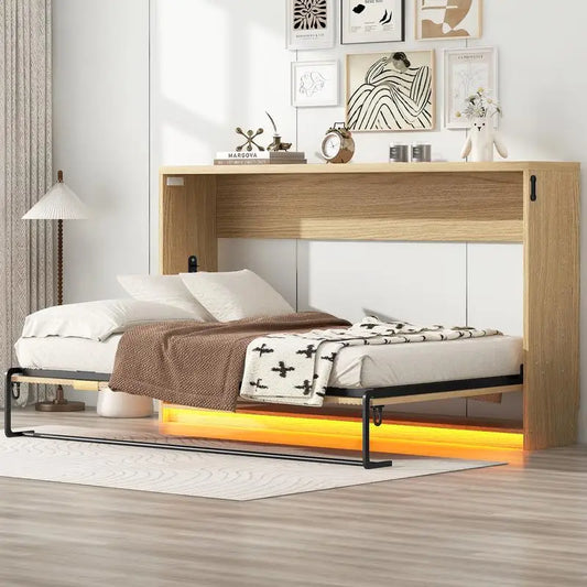 Twin XL Murphy Bed with LED Light, Folds into Cabinet, Natural Finish