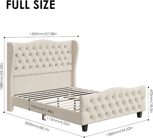 Full Size Platform Bed Frame with Tufted Wingback Headboard, Velvet Upholstered, No Box Spring Needed