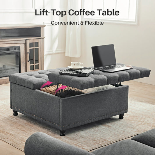 35" Large Square Storage Ottoman Bench, Upholstered Coffee Table, Lift Top Storage Ottoman Tufted Fabric for Living Room