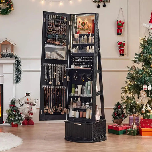 360° Swiveling Lockable Jewelry Cabinet with Mirror, LED Lights, and Storage Drawers