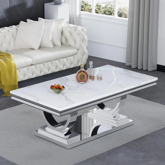 Marble Coffee Table, White and Silver with U-Shape Stainless Steel Base with Silver Mirrored Finish