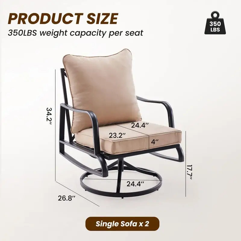 5-Pc Outdoor Patio Furniture Set: 2 Swivel Chairs, 3-Seat Sofa, 2-Seat Sofa, Coffee Table, Metal, for Porch,