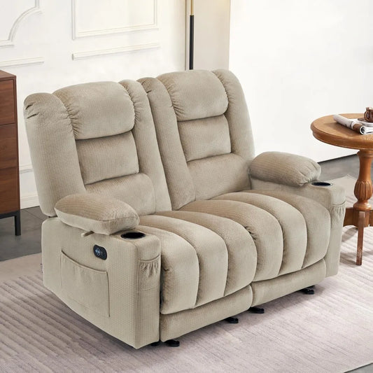 55.9" Power Loveseat Recliner with Heat and Vibration, Fabric Electric Loveseat Recliner, USB Charge Port, Cup Holders