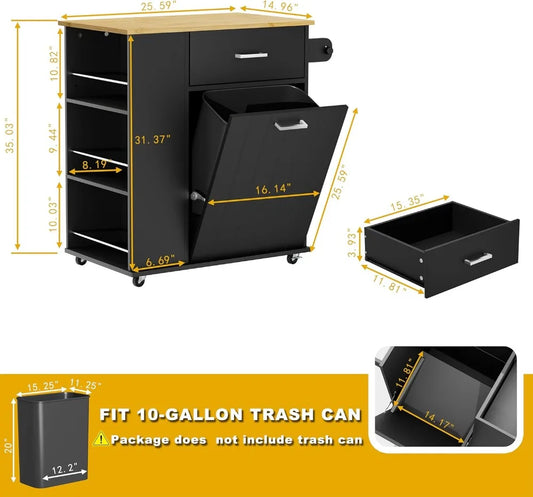 Rolling Kitchen Island with Trash Can Storage, Portable Cart on Wheels, Towel & Spice Rack, Black