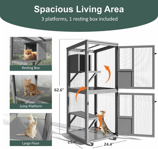Cat Catio Outdoor Enclosure, 4 Tiers Cat Playpen, Wheels, Resting Box, Waterproof Roof, Large Pet House