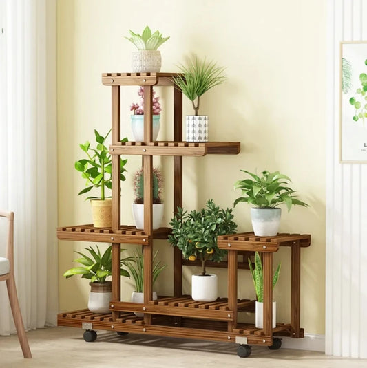 6 Tier Wood Plant Stand, Vertical Carbonized Multiple Holder, Indoor, Outdoor Patio