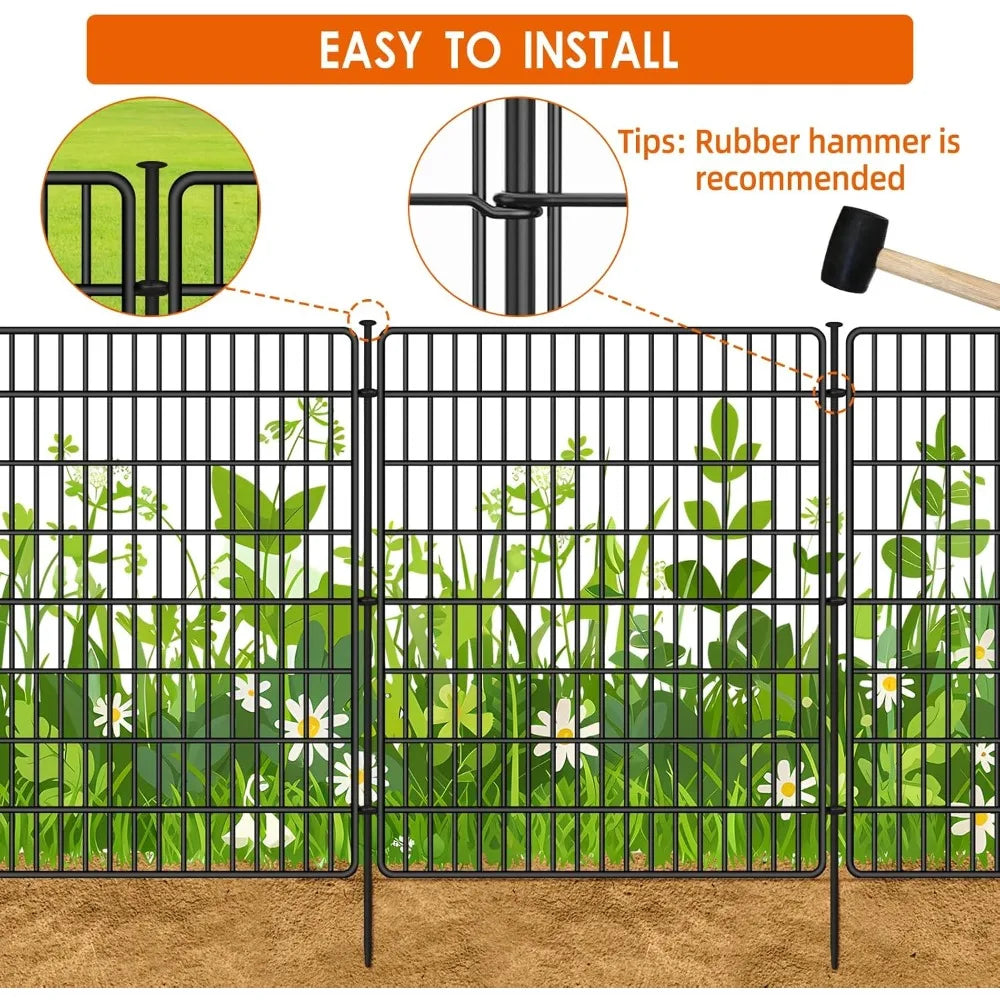15 Panels Fence with Gate, 32 in(H) X 36 ft(L) Garden Decorative Fence Animal Barrier Patio, Black