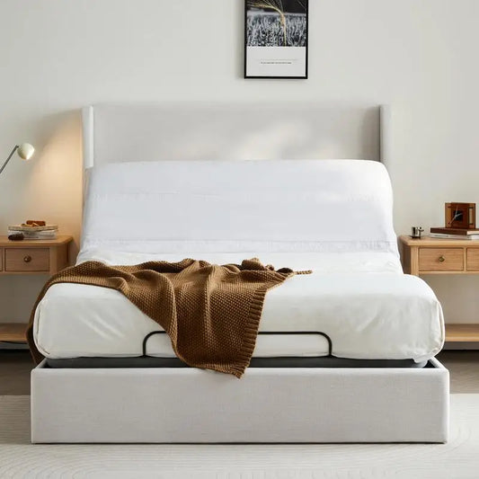 Queen Size Upholstered Wingback Bed with Adjustable Base Bundle Set, Textured Ivory Canvas Chenille, Incline Head & Foot, Zero