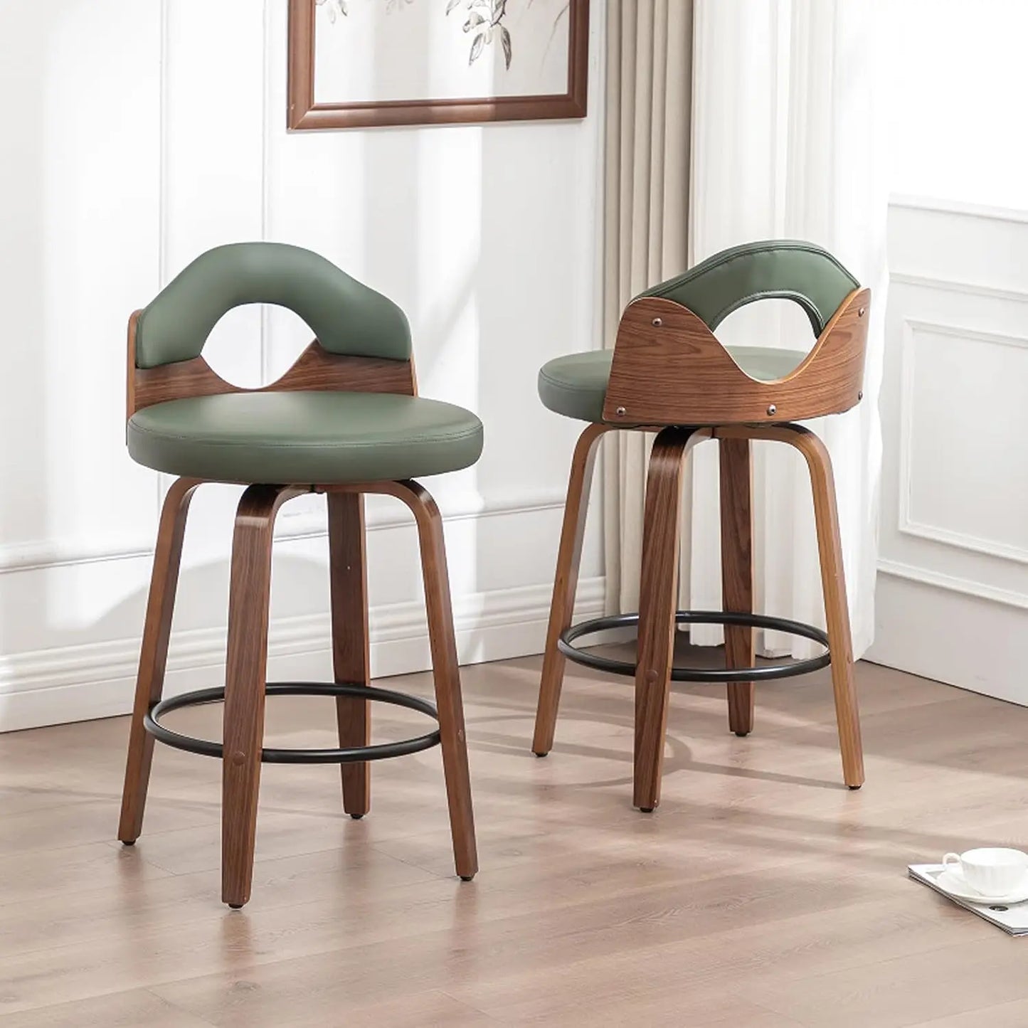 26" Swivel Bar Stools Set of 2,Mid Century Modern Beige Faux Leather Barstools, Wood Counter Height Bar Chairs with Low Back