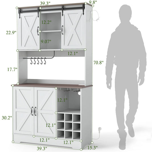 71" Kitchen Pantry Cabinet with Charging Station, Farmhouse Cabinets for Kitchen Storage with Sliding Door