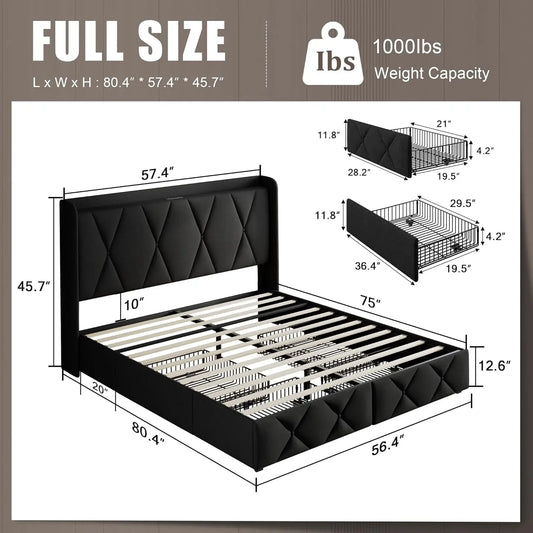 Full Size Bed Frame with Storage Drawers, Charging Station, and Upholstered Headboard - Easy Assembly, Black
