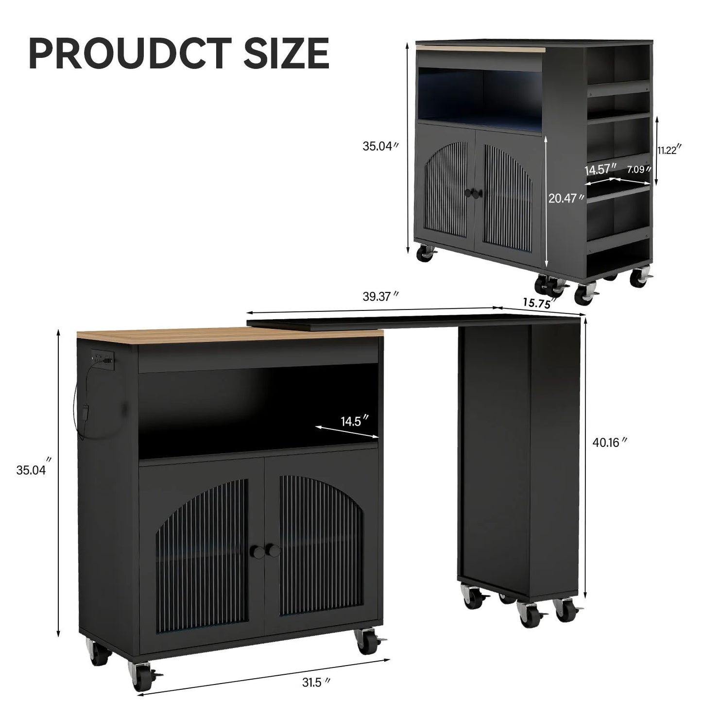 Island On Wheels with Extended Table, Rolling Kitchen Storage Cart, LED Light Power Outlets, 2 Fluted Glass Doors