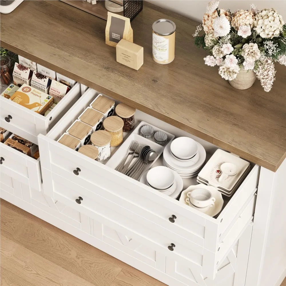 Exquisite 55 Coffee Bar with 4 Large Drawers, 40 Tall Buffet Cabinet with Storage, Kitchen Storage Cabinet, Farmhouse
