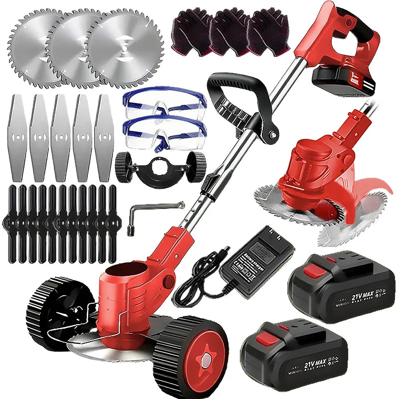 Wireless portable weed trimmer with 2 lithium batteries and comes with replaceable blades