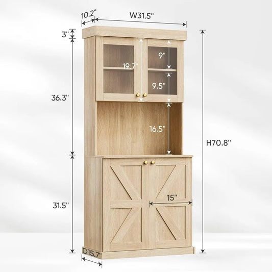 71" Farmhouse Kitchen Pantry Cabinet Set of 3, Brown Freestanding Coffee Bar Hutch with Glass Doors & Adjustable Shelves