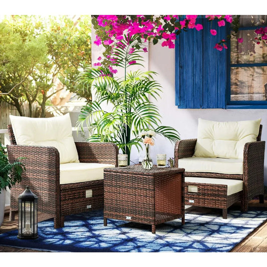 5 Pieces , Rattan Balcony Furniture with Ottomans, PE Wicker Outdoor Patio Chairs Set with Coffee Table