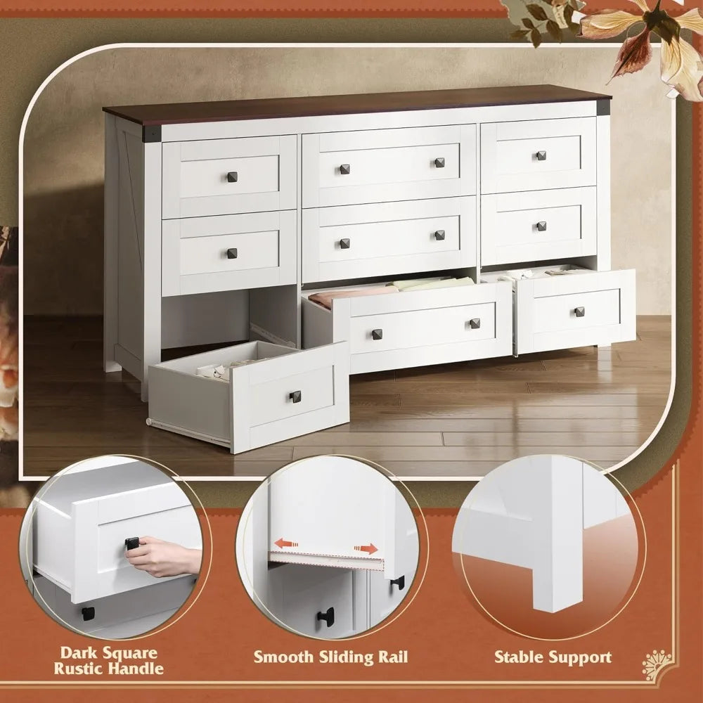 Farmhouse Dresser for Bedroom, 63" Wide 9 Drawer Dresser Storage Organizer, Wood Chest of Drawers, TV Stand