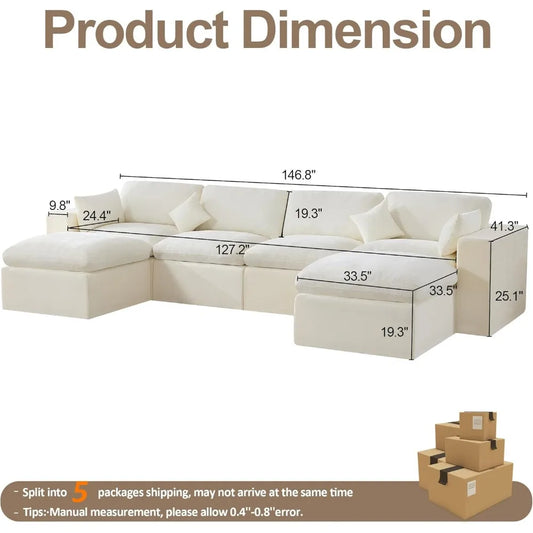 155''Cloud Boneless Sectional Couch, Sofa Deep Seat with 2 Ottomans, Oversized Upholstered, Convertible
