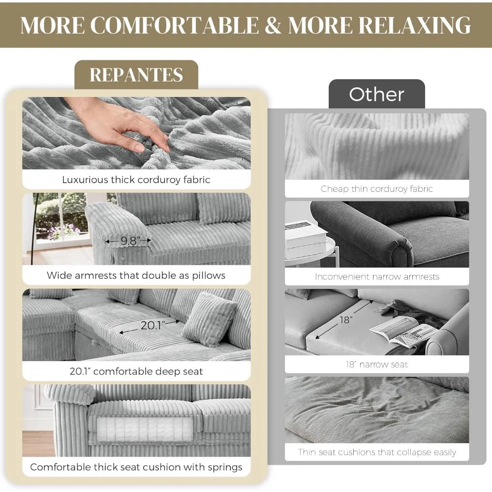 Sectional Sleeper Sofa with Pull Out Bed and Storage Chaise, Fluffy Soft Corduroy Fabric, Modern Comfy U Shaped Couch.