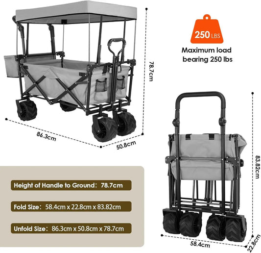 Collapsible Garden Cart Wagon with Removable Canopy, Push& Pull Wagon Off-road wheel