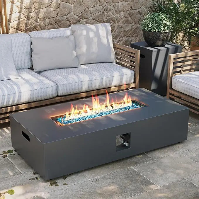 56-inch Outdoor Propane Gas Fire Pit Table 50000 BTU Iron Rectangle Firepit for Outside Patio with Tank Hidden Table, Wind Guard