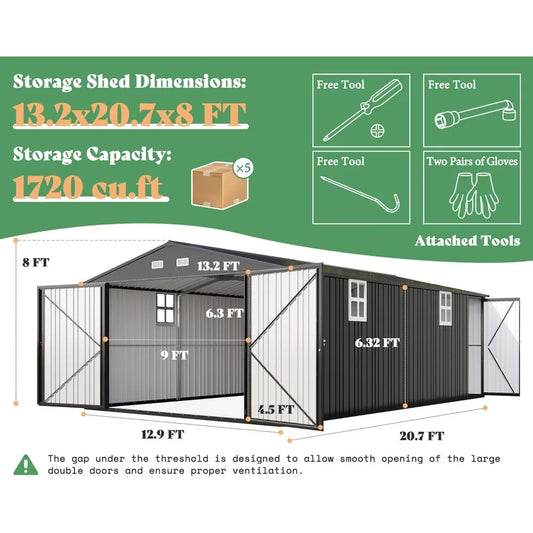 13.2x21x8 FT Outdoor Metal Garage Shed, Extra Large Storage Shed with Double Hinged Doors, 4 Windows, Carport