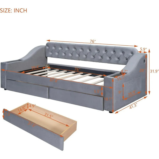 Twin Size Daybed with Upholstered Storage Armrests, USB Charging Port, and Wood Slat Support, Including 2 Drawers