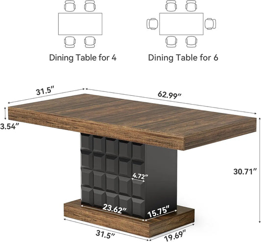 Modern Rectangular Dining Table for 4-6, Farmhouse Kitchen Table with Sturdy Wood Pedestal Base in Rustic Brown & Black
