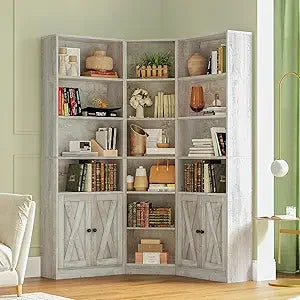 Large Corner Bookshelf with 2 Doors and Storage Cabinets, L-Shaped 7 Tiers Bookcase, 71” Tall